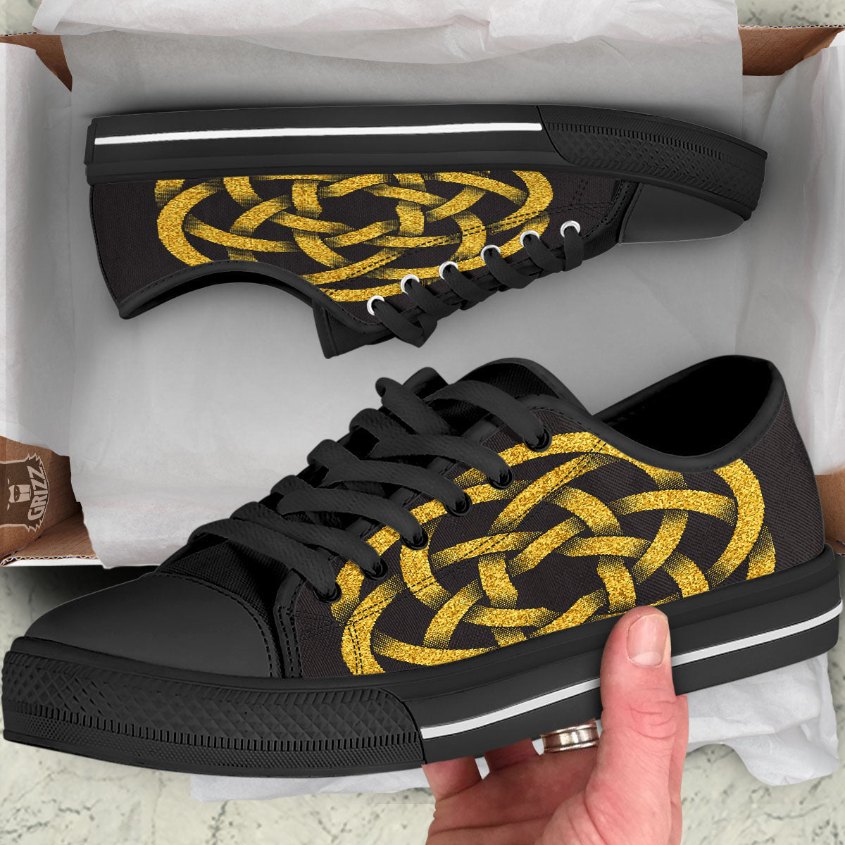 Celtic Knot Symbol Gold Circle Print Black Low Top Shoes-grizzshop