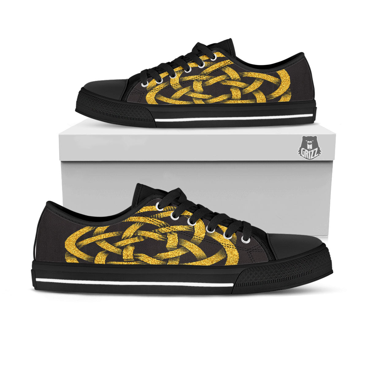 Celtic Knot Symbol Gold Circle Print Black Low Top Shoes-grizzshop
