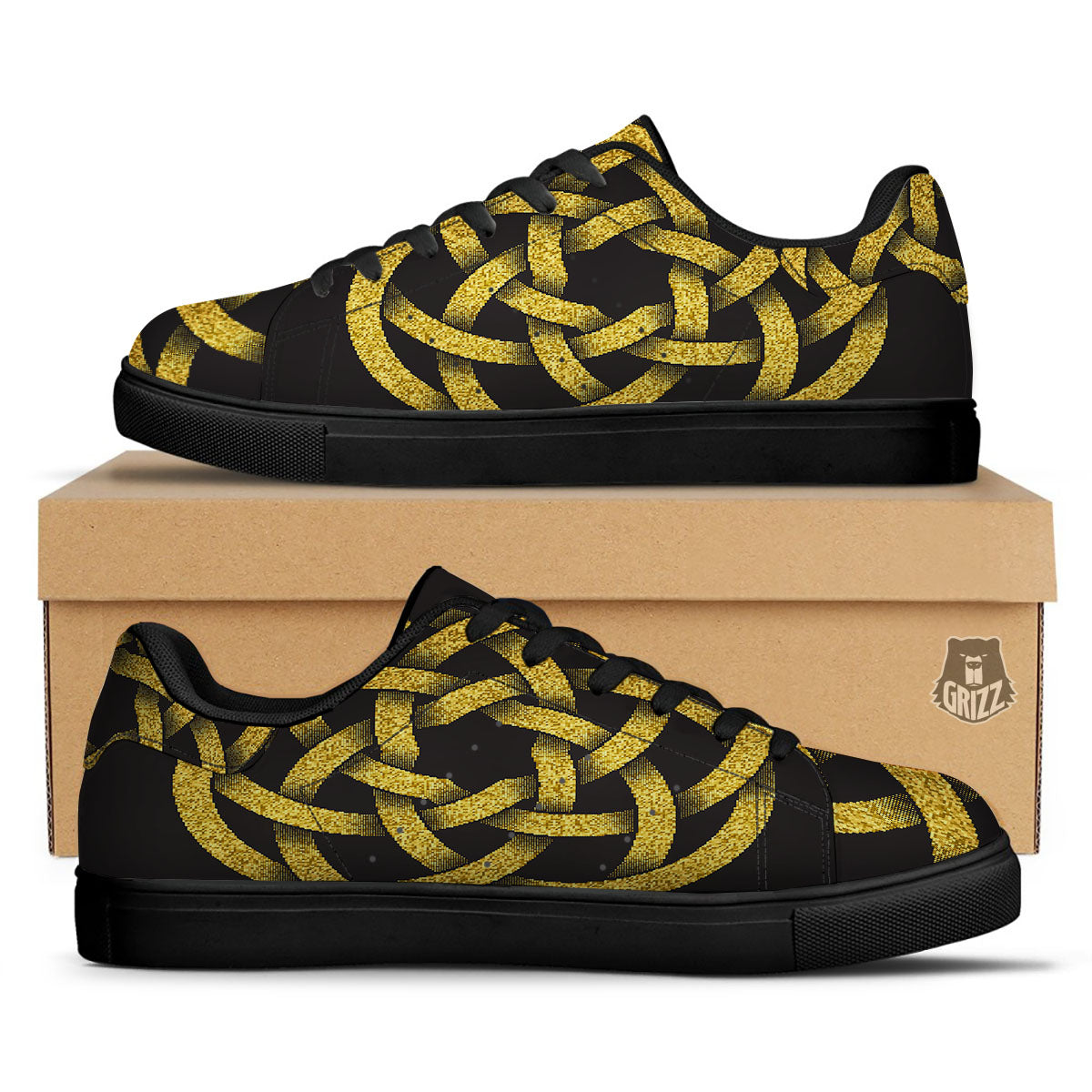 Celtic Knot Symbol Gold Circle Print Black Low Top Sneakers-grizzshop