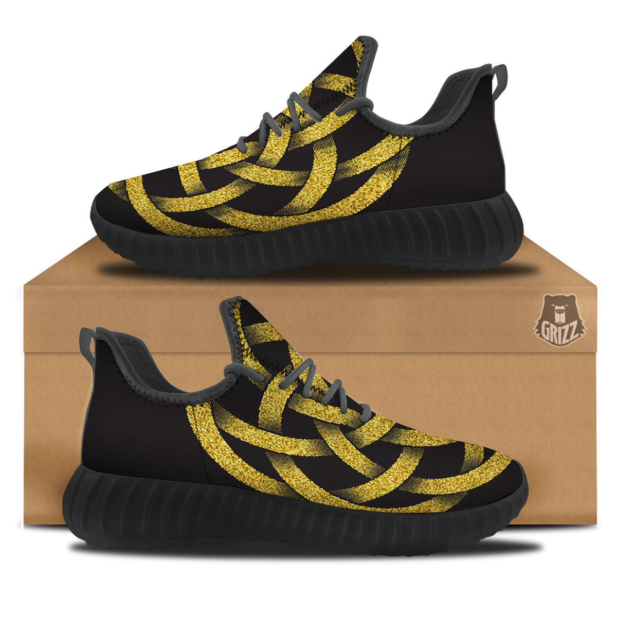 Celtic Knot Symbol Gold Circle Print Black Walking Shoes-grizzshop