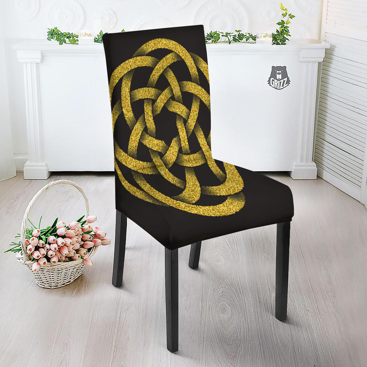 Celtic Knot Symbol Gold Circle Print Dining Chair Slipcover-grizzshop
