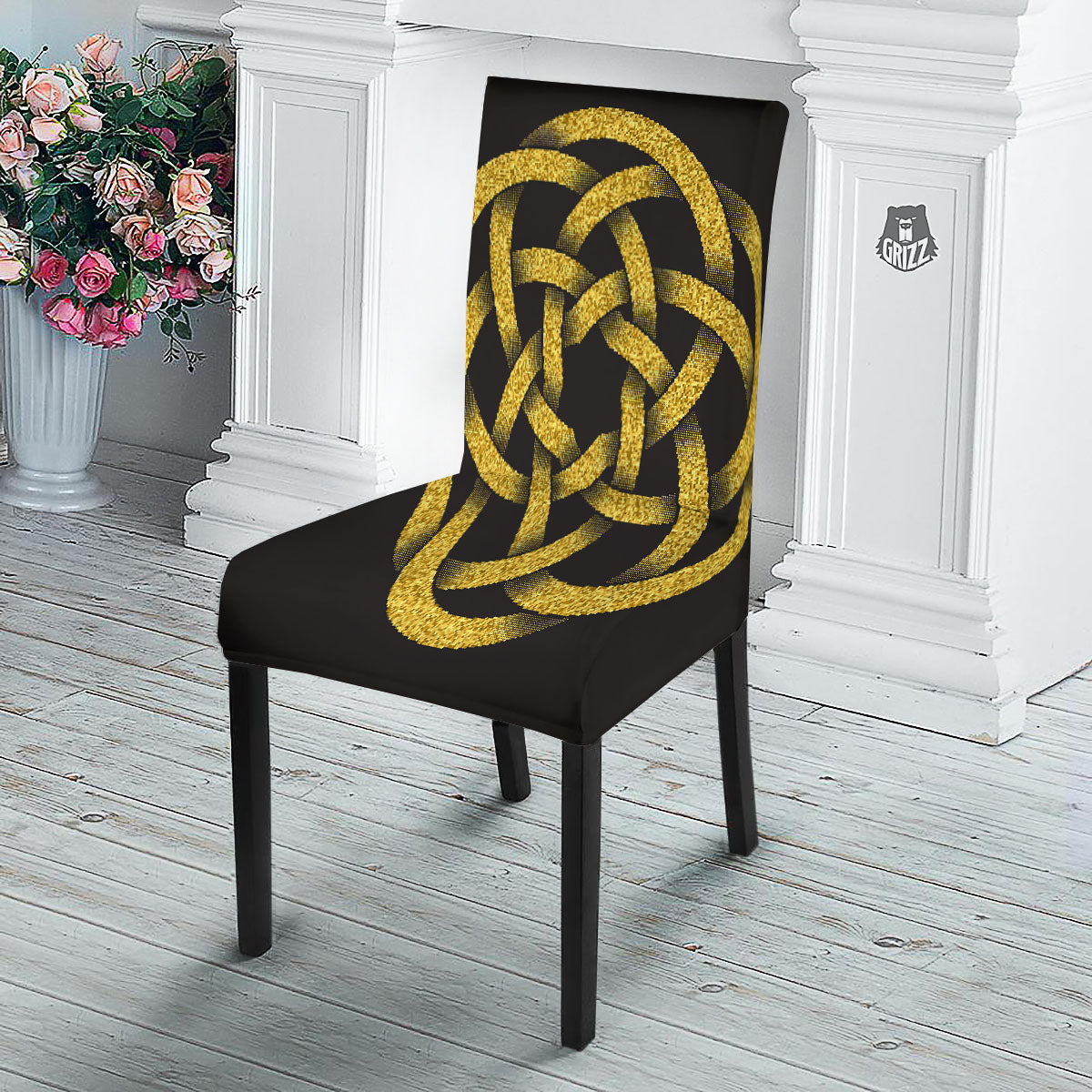 Celtic Knot Symbol Gold Circle Print Dining Chair Slipcover-grizzshop