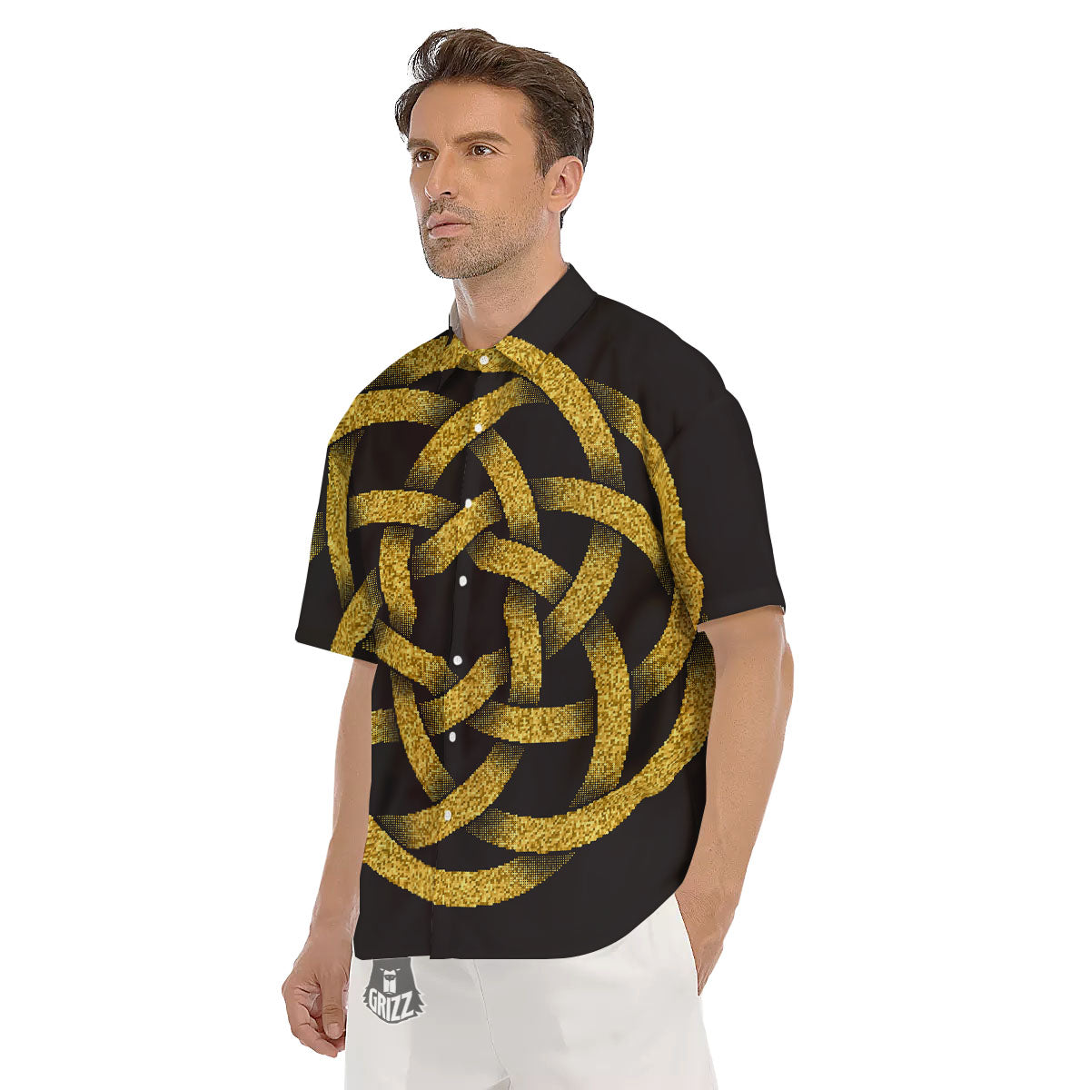 Celtic Knot Symbol Gold Circle Print Men's Short Sleeve Shirts-grizzshop