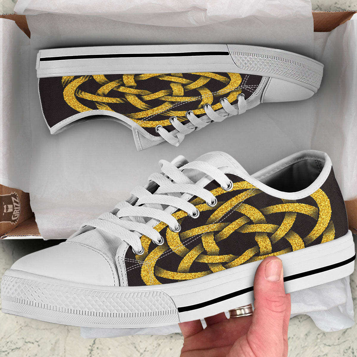 Celtic Knot Symbol Gold Circle Print White Low Top Shoes-grizzshop