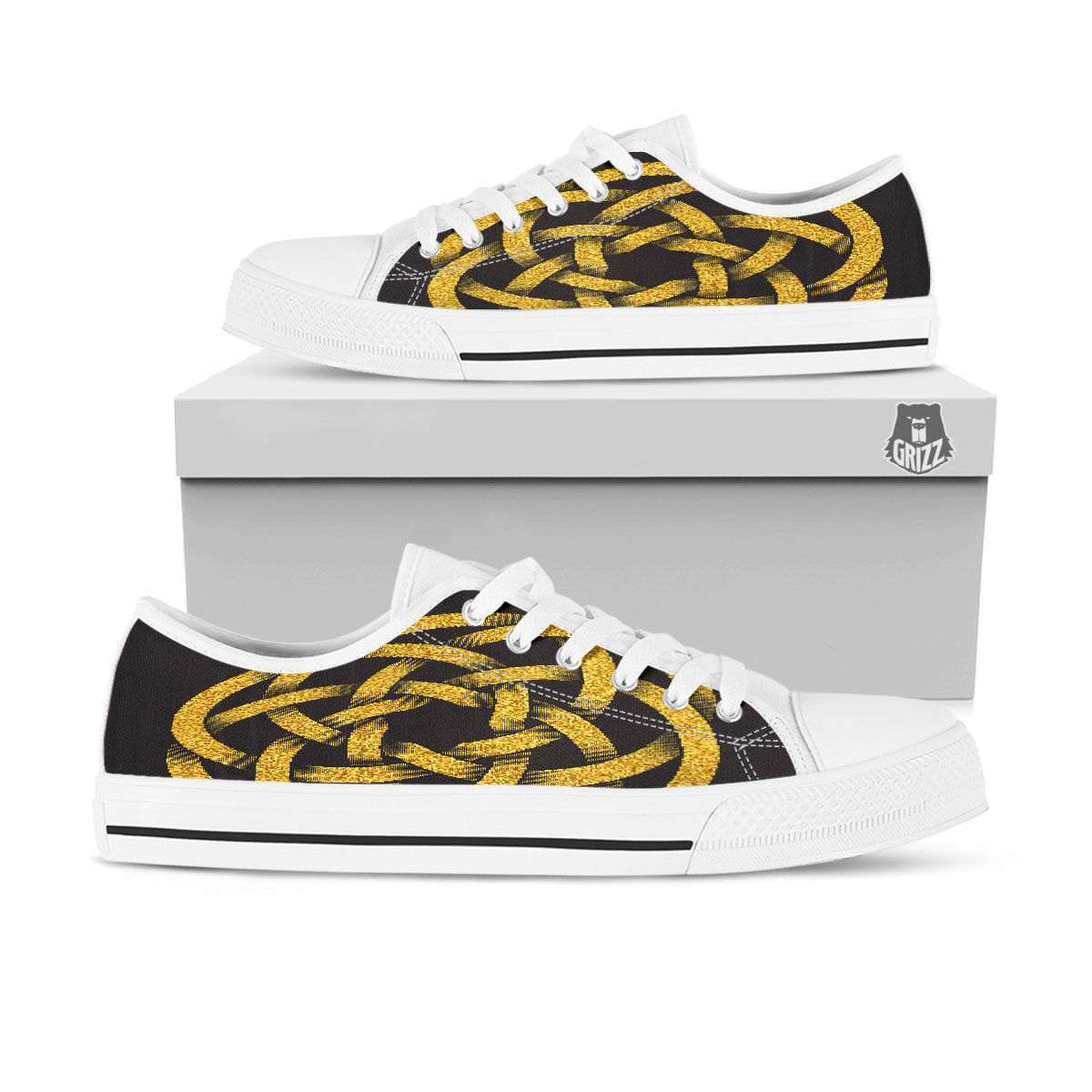 Celtic Knot Symbol Gold Circle Print White Low Top Shoes-grizzshop
