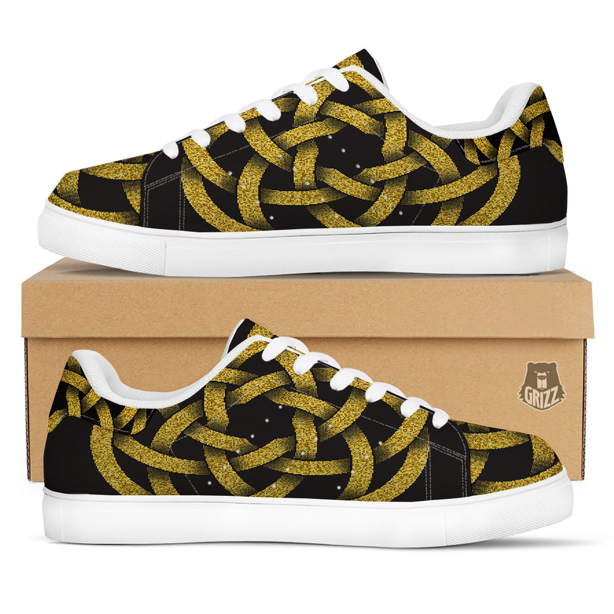 Celtic Knot Symbol Gold Circle Print White Low Top Sneakers-grizzshop