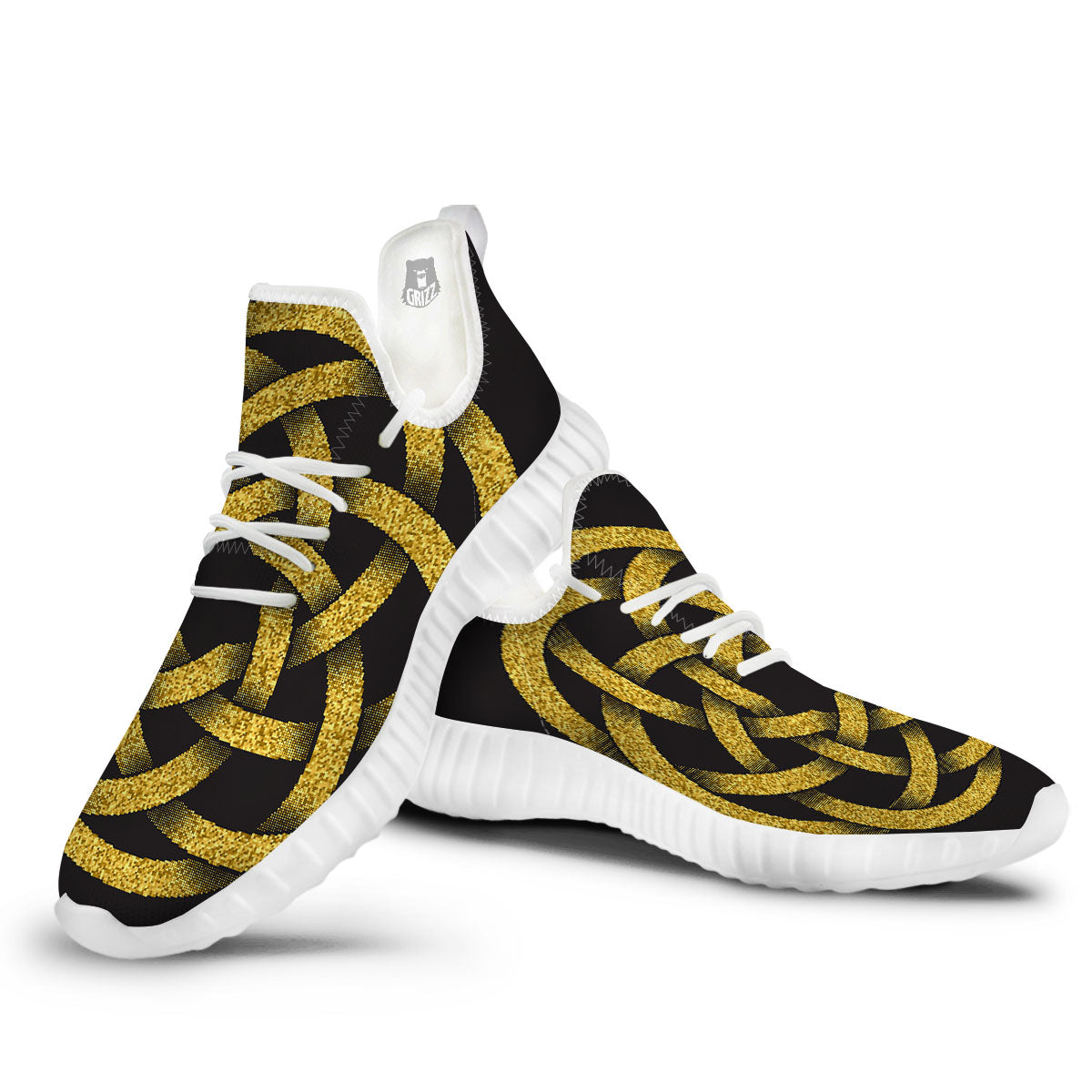 Celtic Knot Symbol Gold Circle Print White Walking Shoes-grizzshop