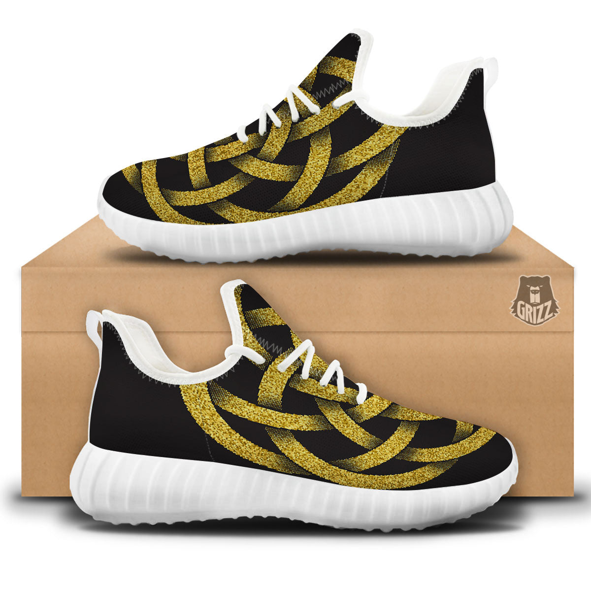 Celtic Knot Symbol Gold Circle Print White Walking Shoes-grizzshop