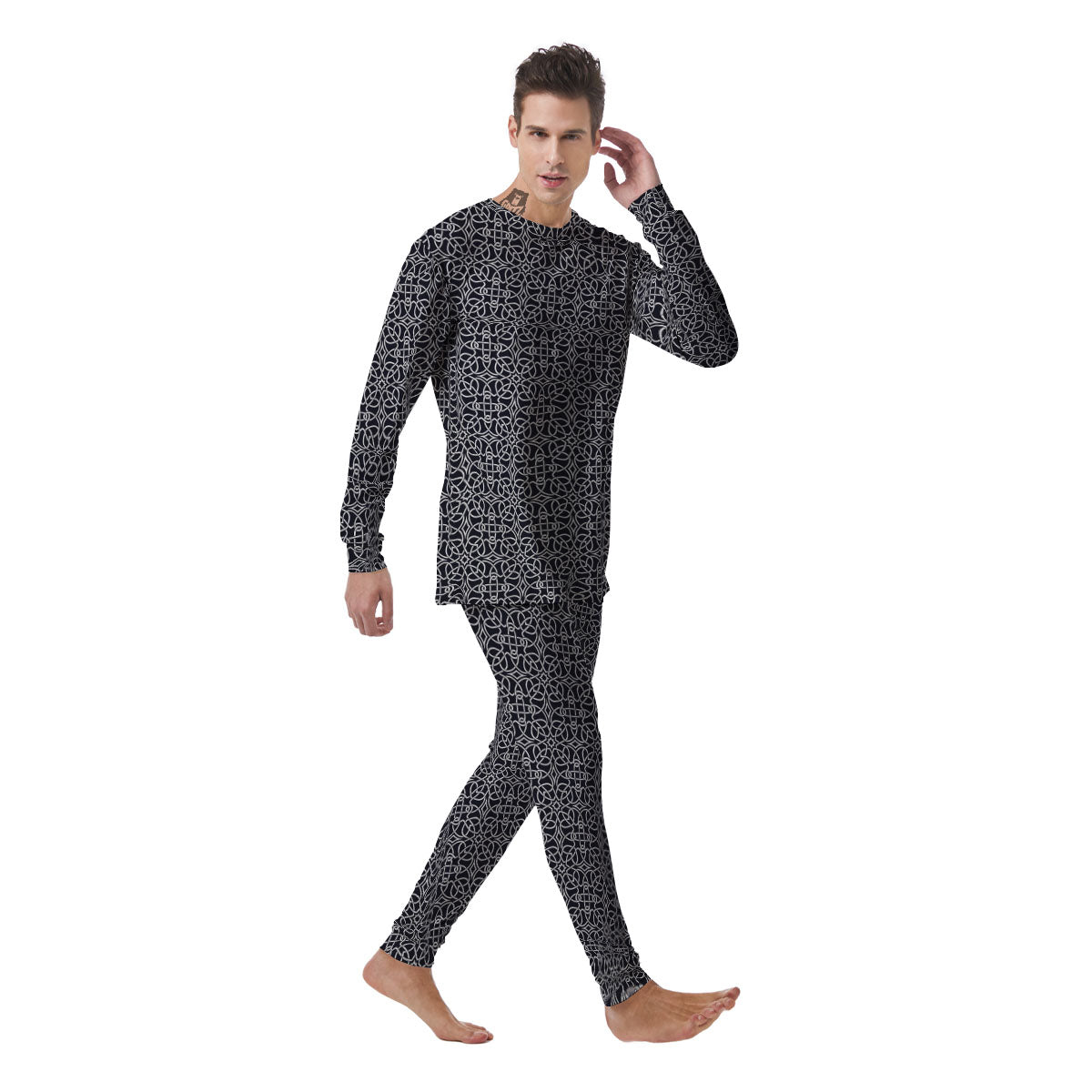 Celtic White And Black Print Pattern Men's Pajamas-grizzshop