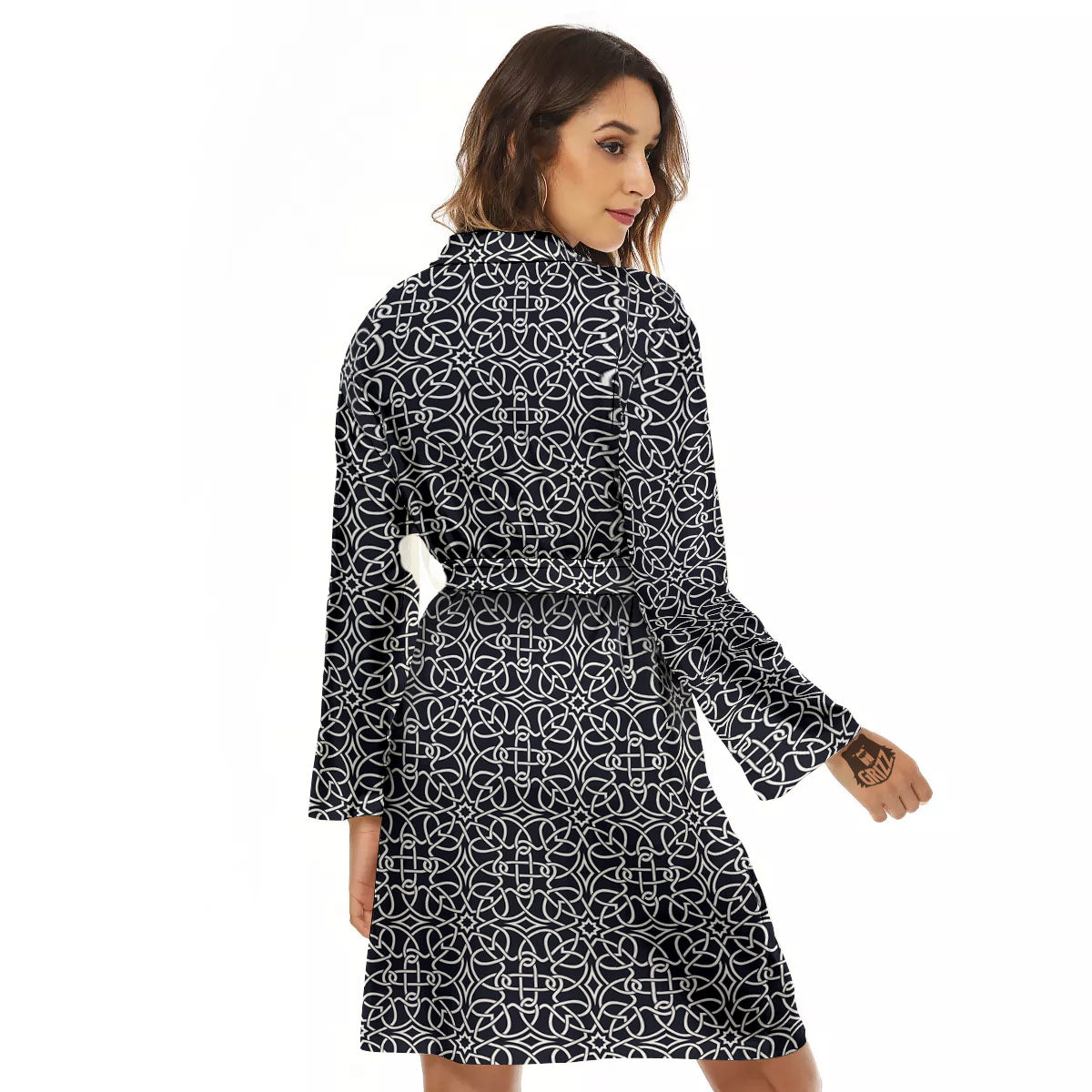 Celtic White And Black Print Pattern Women's Robe-grizzshop