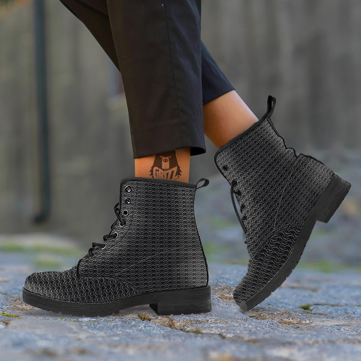 Chainmail Black Print Pattern Leather Boots-grizzshop