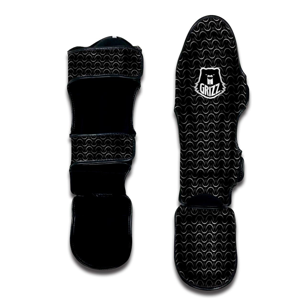 Chainmail Black Print Pattern Muay Thai Shin Guards-grizzshop