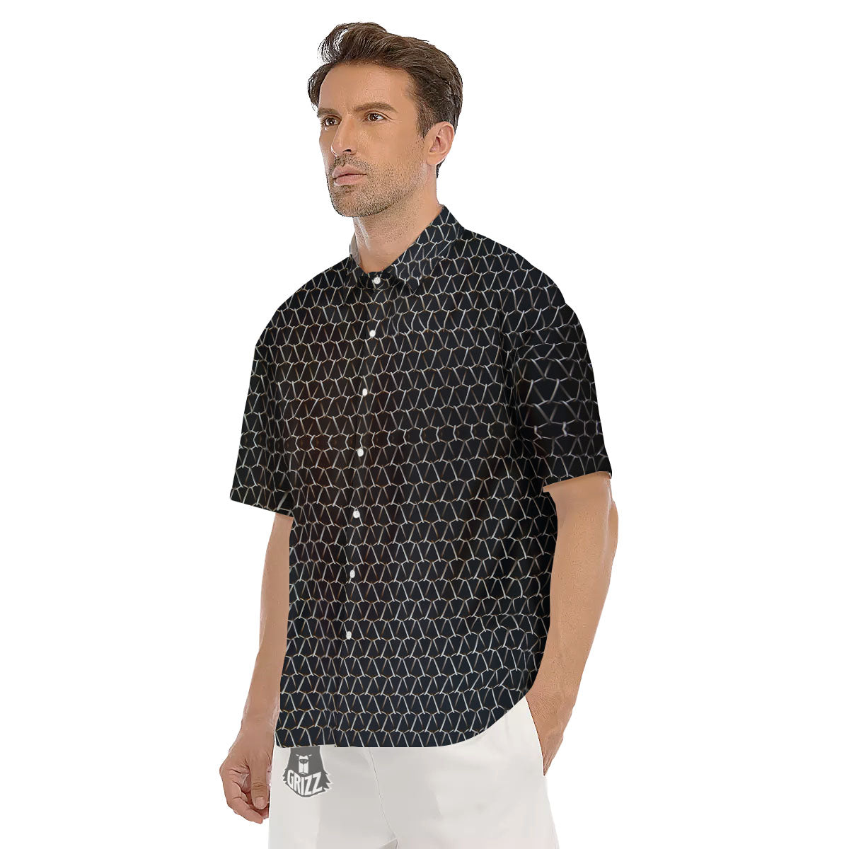 Chainmail Metal Print Pattern Men's Short Sleeve Shirts-grizzshop