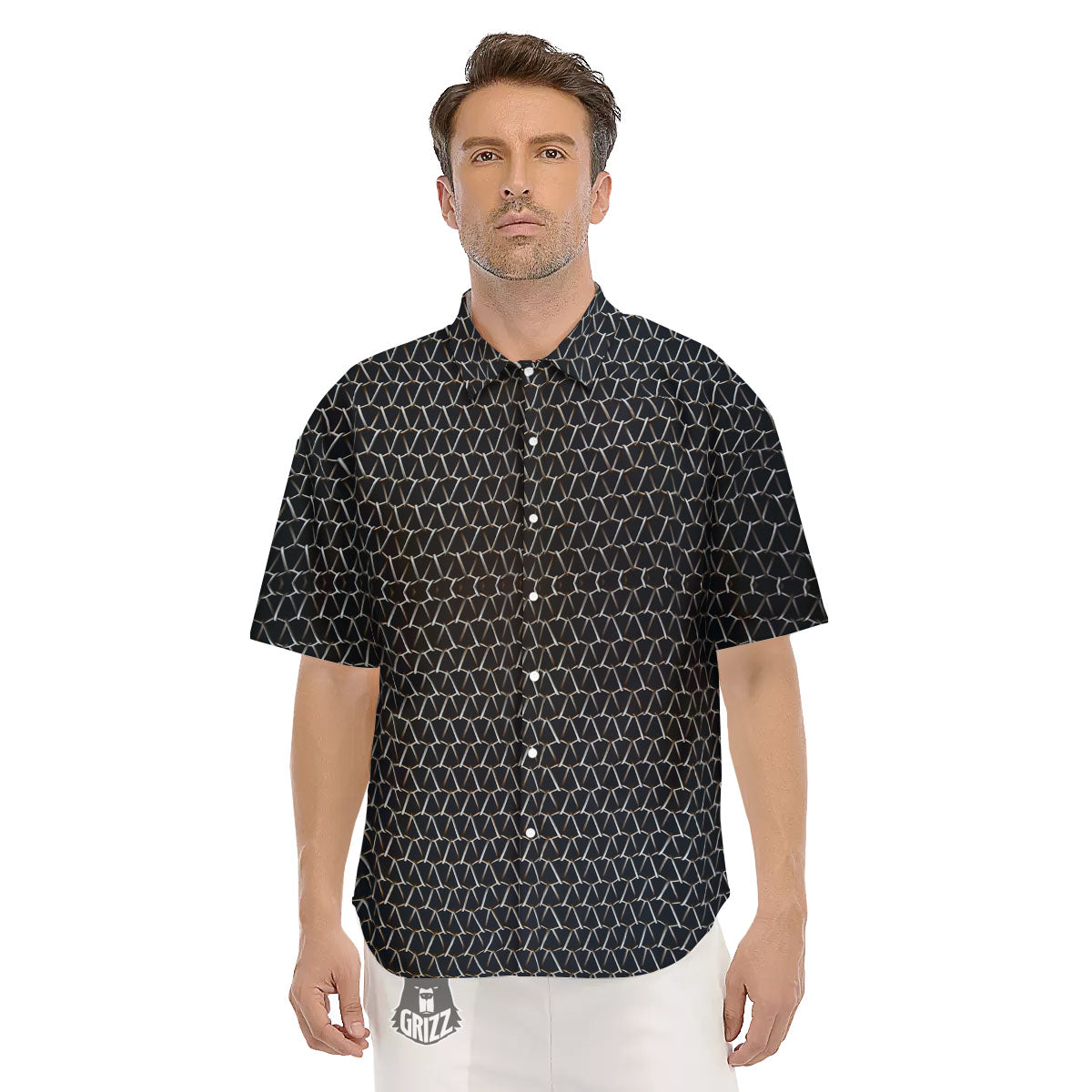 Chainmail Metal Print Pattern Men's Short Sleeve Shirts-grizzshop