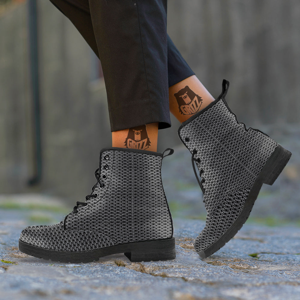 Chainmail Ring Print Leather Boots-grizzshop