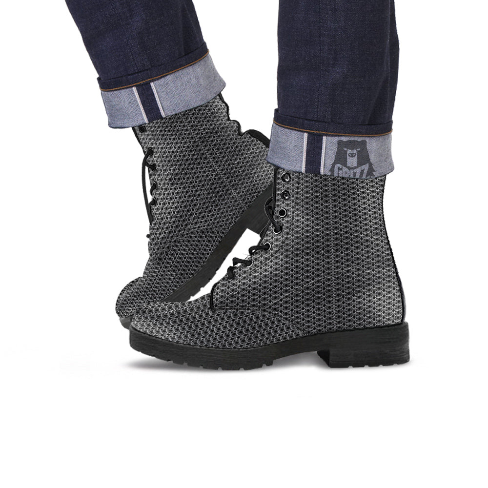 Chainmail Ring Print Leather Boots-grizzshop