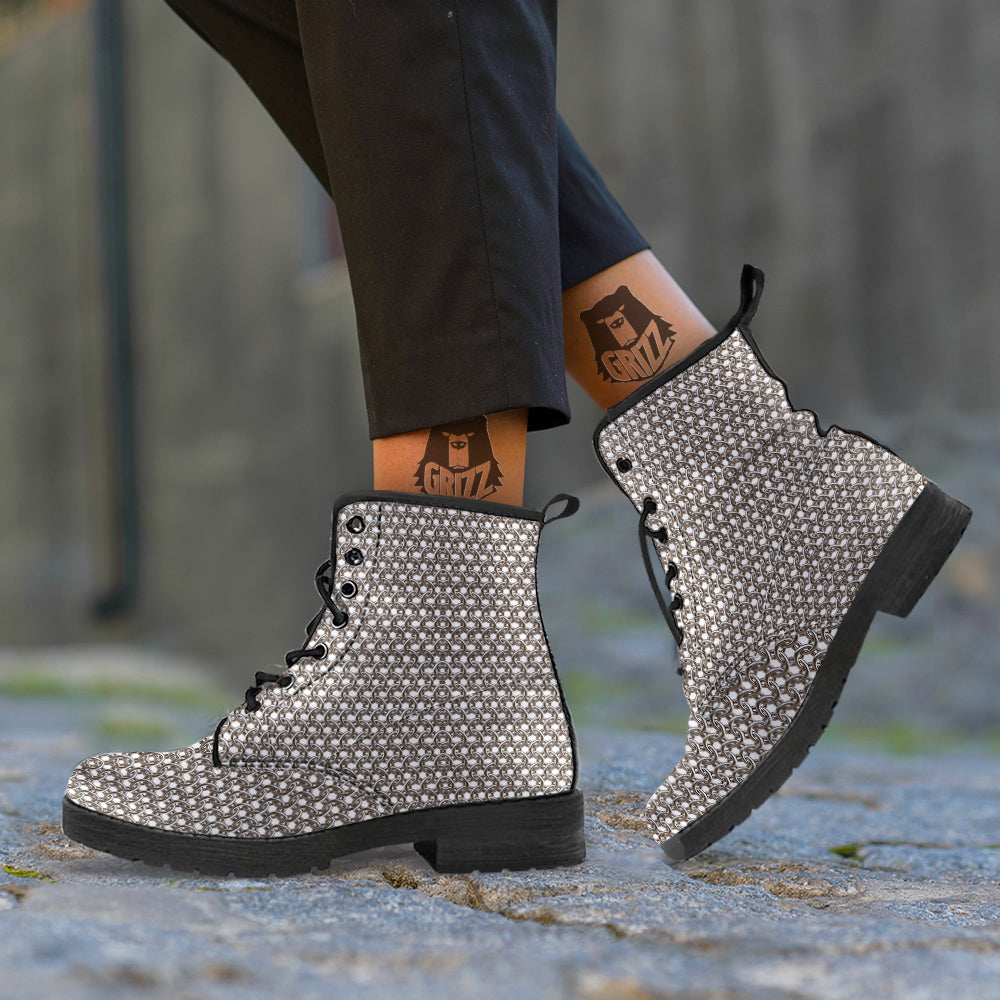 Chainmail Texture Print Leather Boots-grizzshop