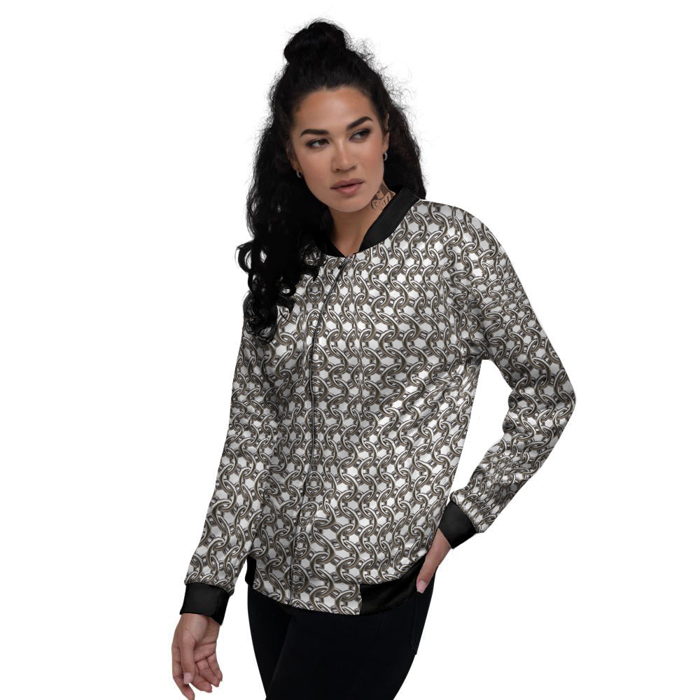 Chainmail Texture Print Women's Bomber Jacket-grizzshop