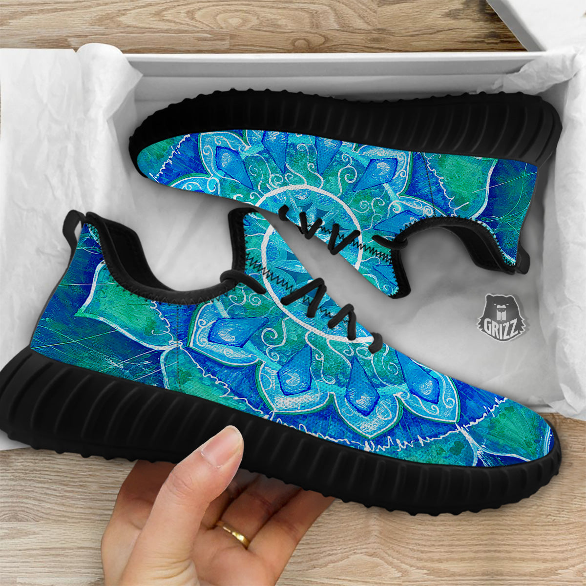 Chakra Mandala Blue Vishuddha Print Black Walking Shoes-grizzshop