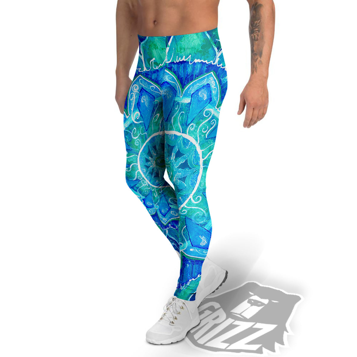 Chakra Mandala Blue Vishuddha Print Men's Leggings-grizzshop