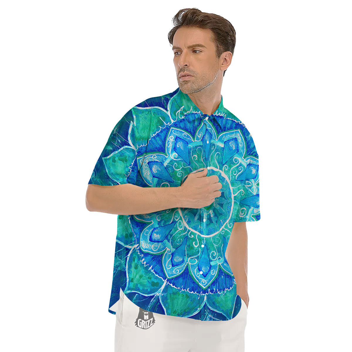 Chakra Mandala Blue Vishuddha Print Men's Short Sleeve Shirts-grizzshop