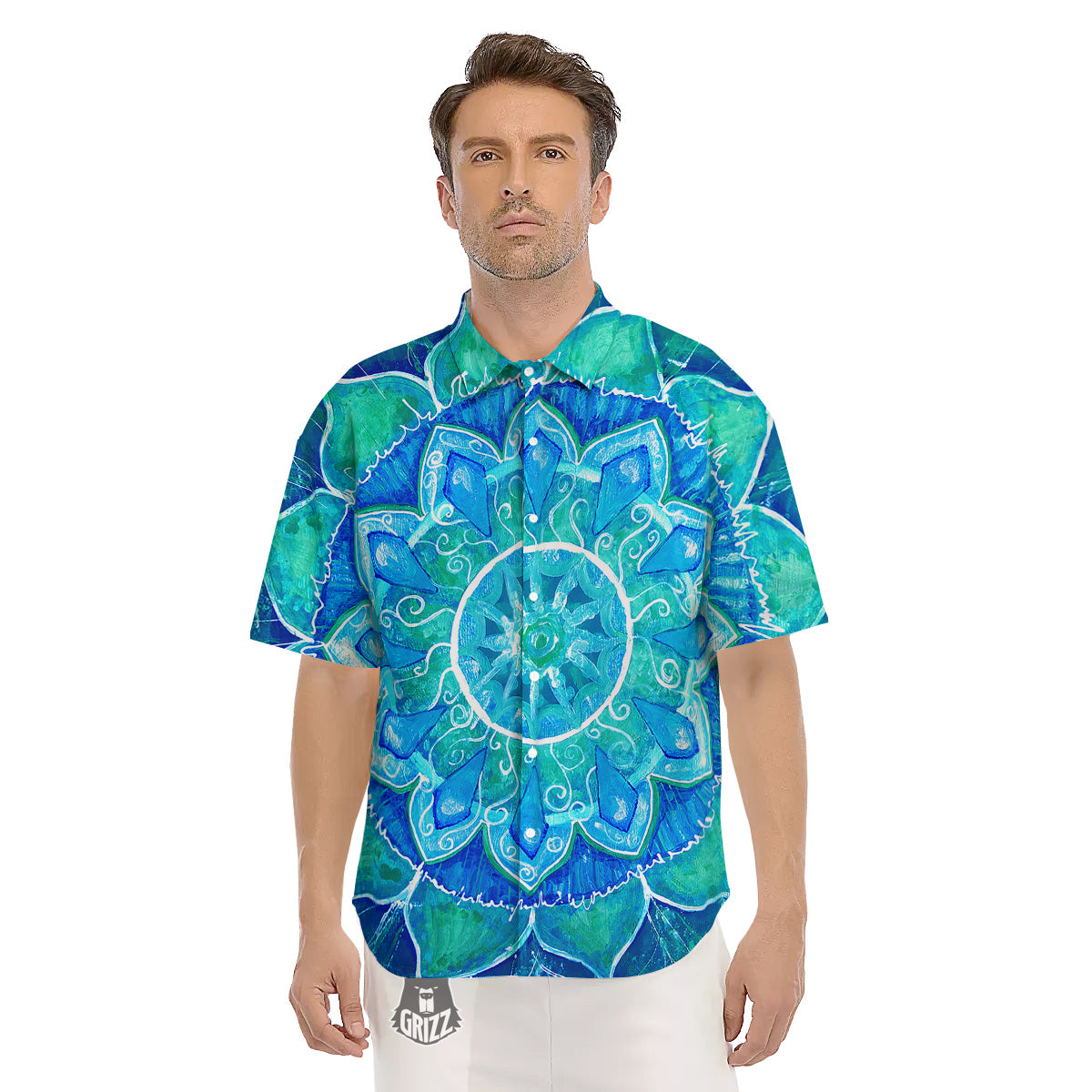 Chakra Mandala Blue Vishuddha Print Men's Short Sleeve Shirts-grizzshop