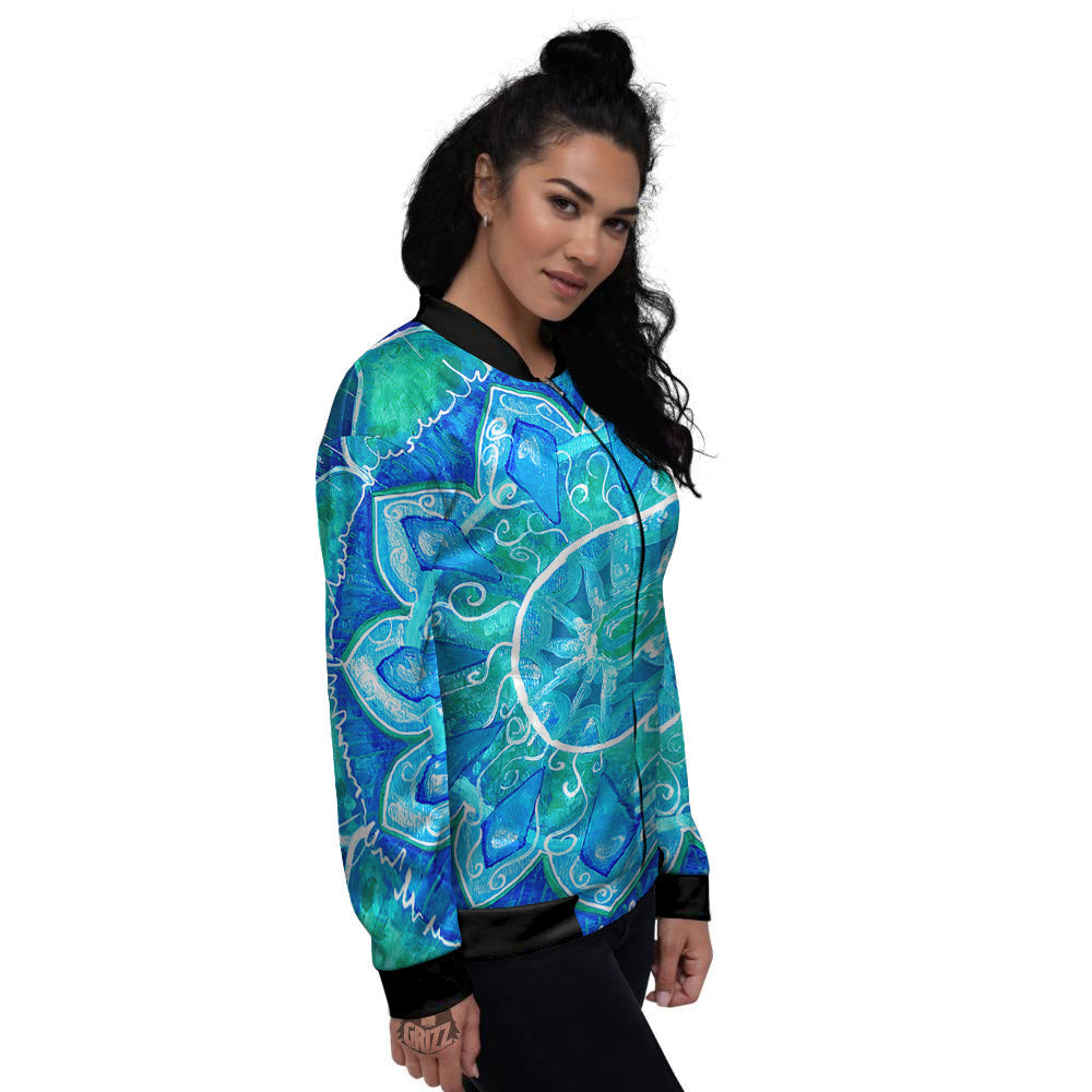 Chakra Mandala Blue Vishuddha Print Women's Bomber Jacket-grizzshop
