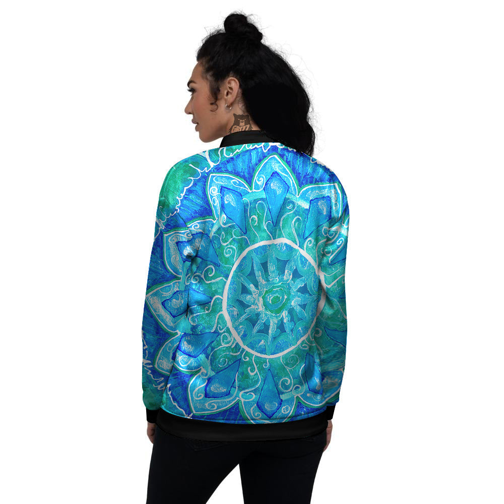 Chakra Mandala Blue Vishuddha Print Women's Bomber Jacket-grizzshop
