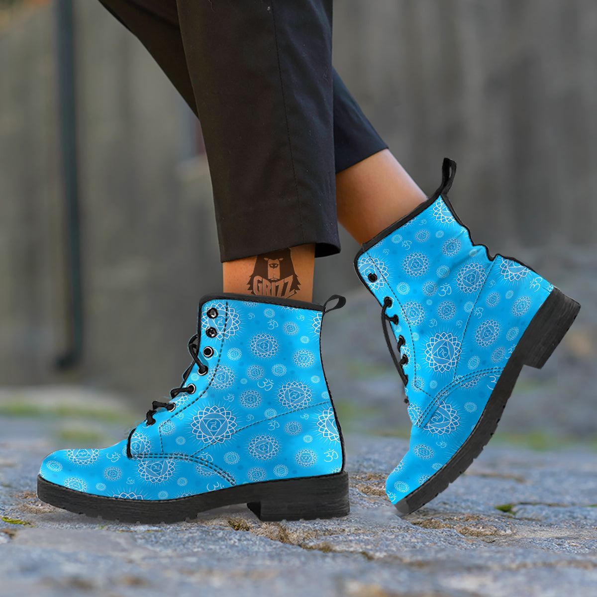 Chakra Vishuddha Print Pattern Leather Boots-grizzshop