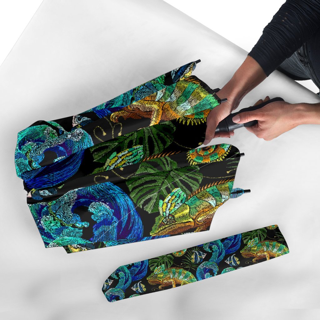 Chameleon Pattern Print Automatic Foldable Umbrella-grizzshop