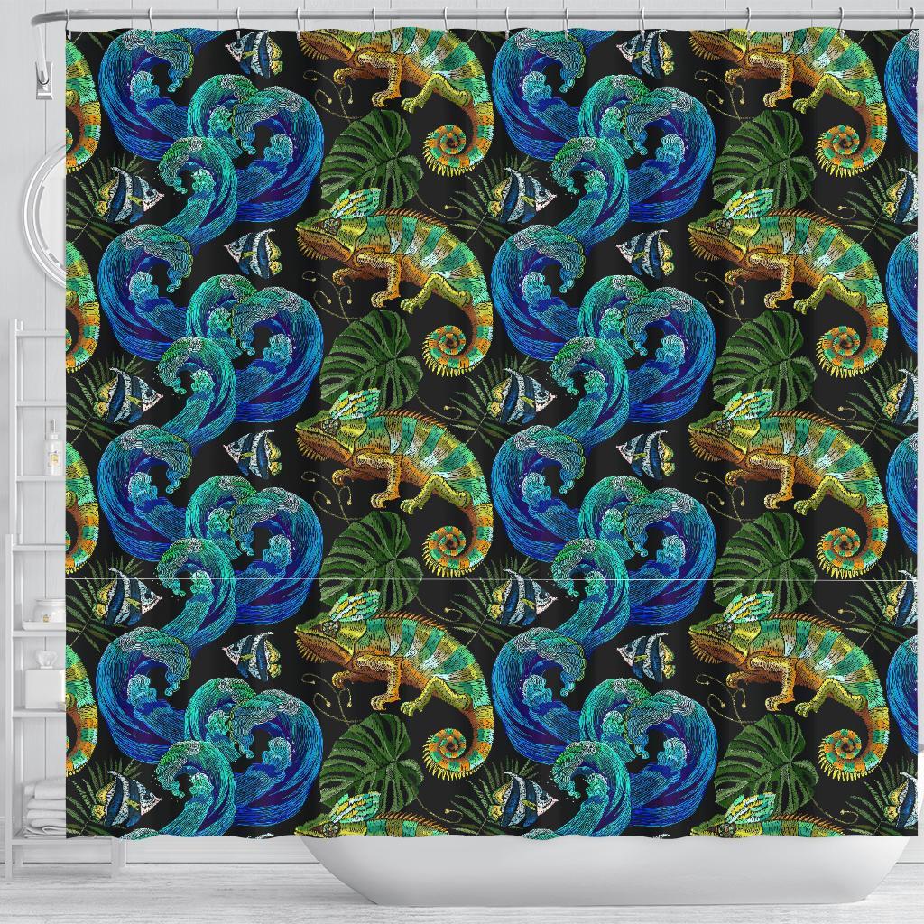 Chameleon Pattern Print Bathroom Shower Curtain-grizzshop