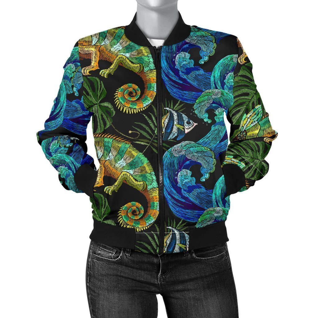 Chameleon Pattern Print Women Casual Bomber Jacket-grizzshop