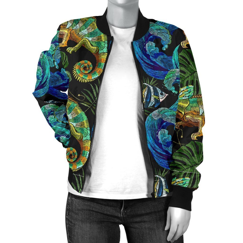 Chameleon Pattern Print Women Casual Bomber Jacket-grizzshop