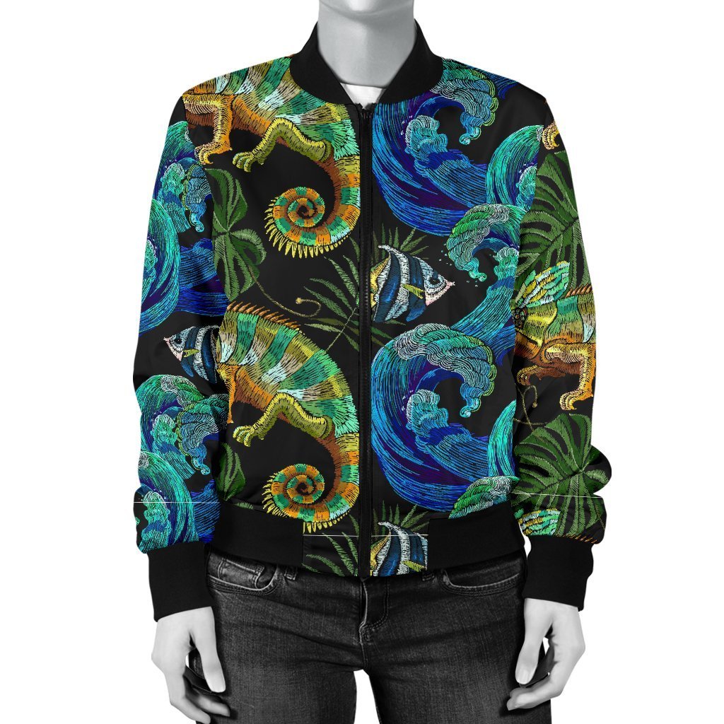Chameleon Pattern Print Women Casual Bomber Jacket-grizzshop