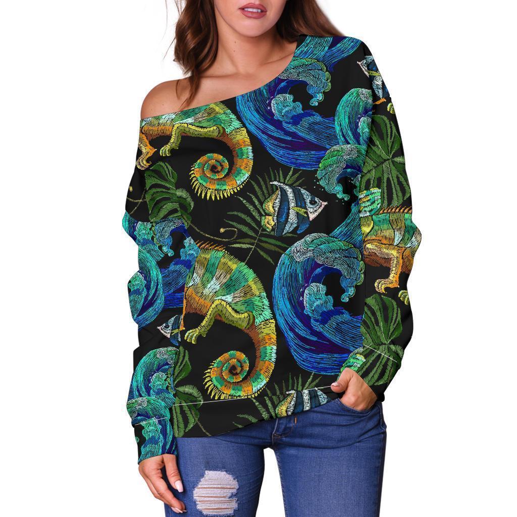 Chameleon Pattern Print Women Off Shoulder Sweatshirt-grizzshop