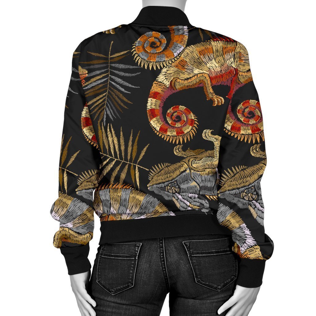 Chameleon Print Pattern Women Casual Bomber Jacket-grizzshop
