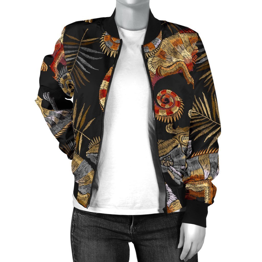 Chameleon Print Pattern Women Casual Bomber Jacket-grizzshop