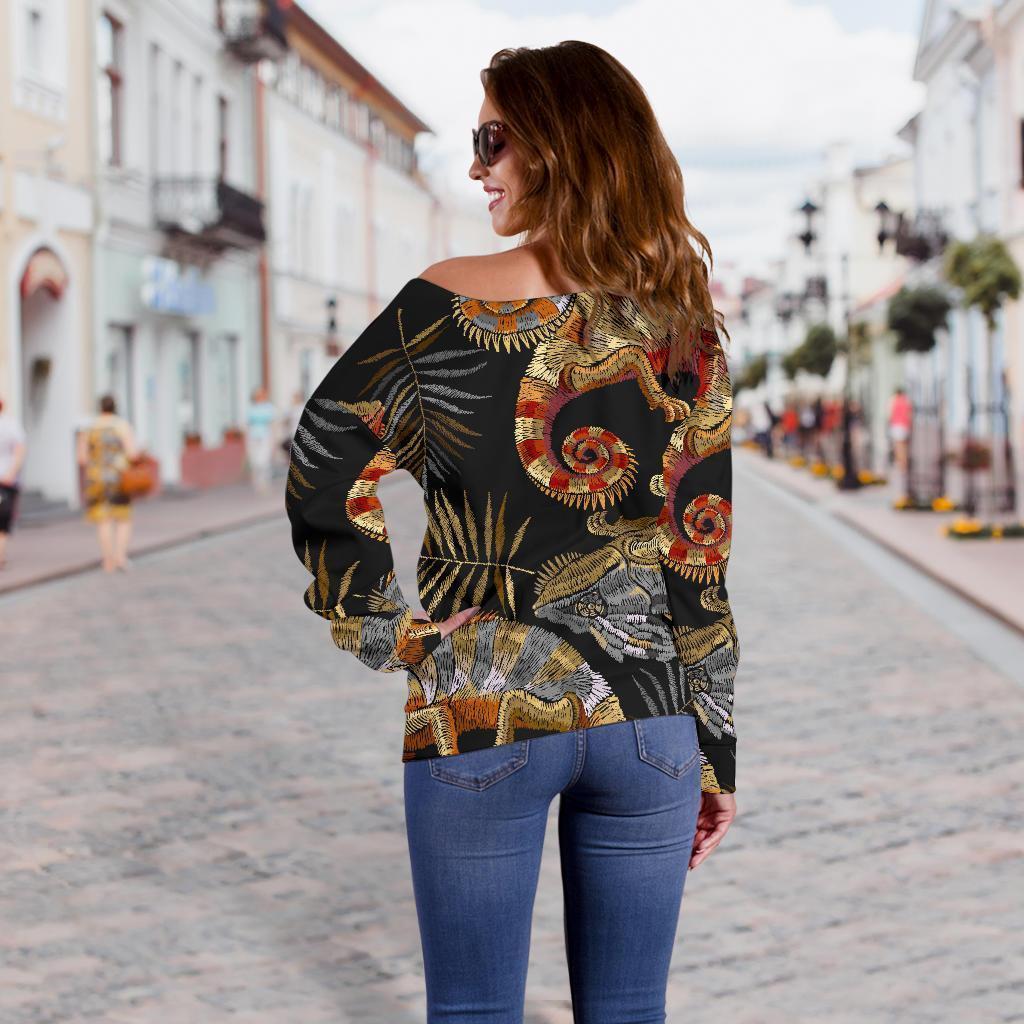 Chameleon Print Pattern Women Off Shoulder Sweatshirt-grizzshop