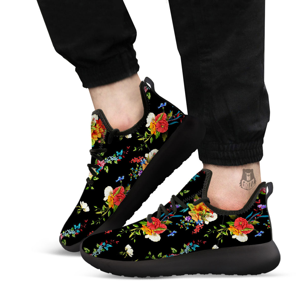 Chamomile And Poppy Print Pattern Black Athletic Shoes-grizzshop