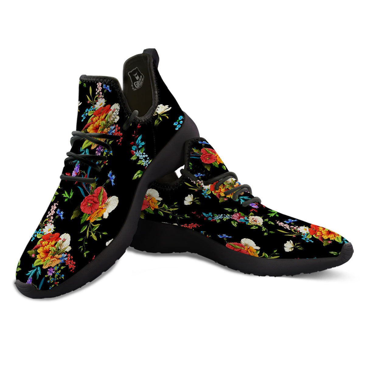 Chamomile And Poppy Print Pattern Black Athletic Shoes-grizzshop