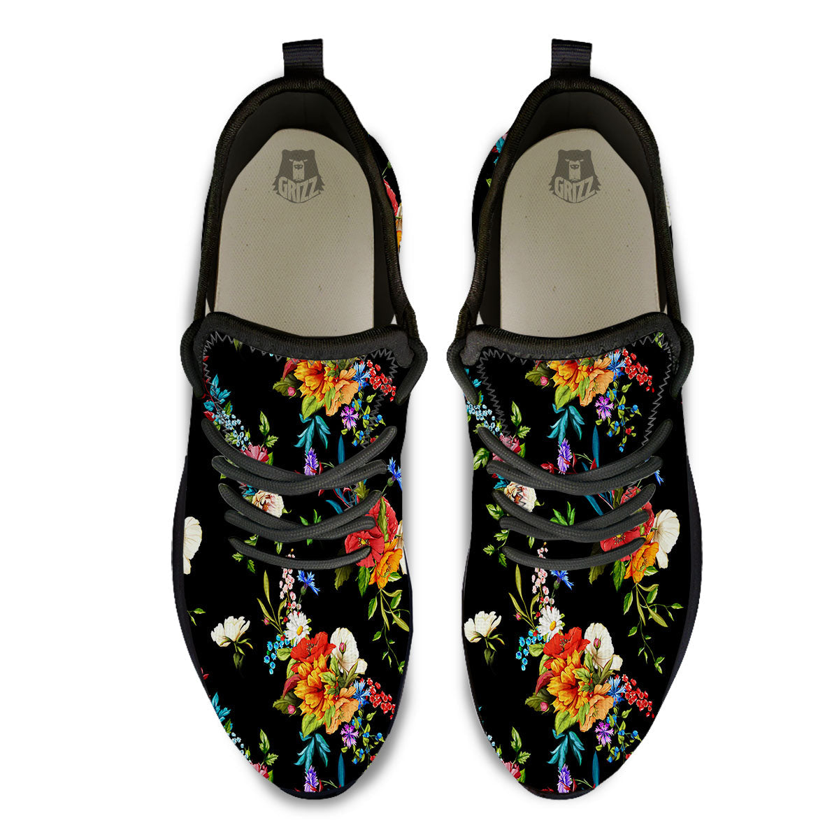 Chamomile And Poppy Print Pattern Black Athletic Shoes-grizzshop