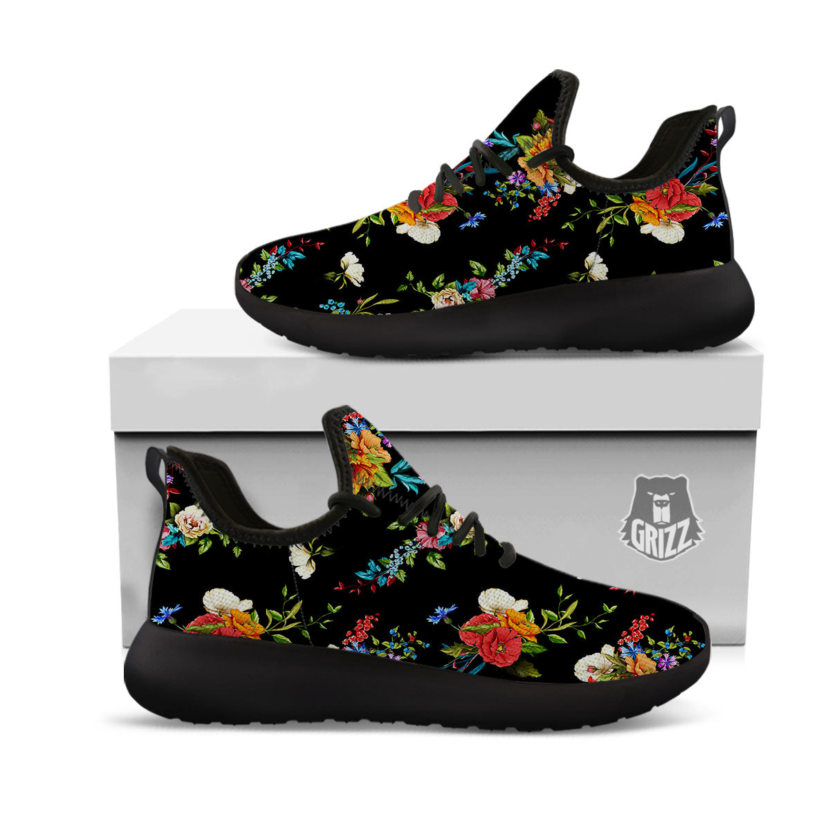 Chamomile And Poppy Print Pattern Black Athletic Shoes-grizzshop