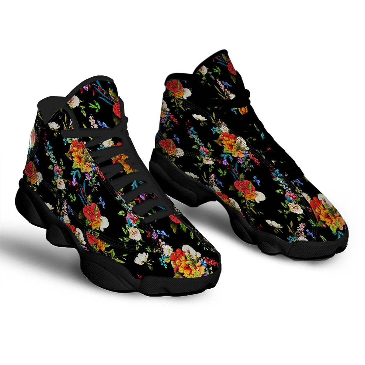 Chamomile And Poppy Print Pattern Black Basketball Shoes-grizzshop