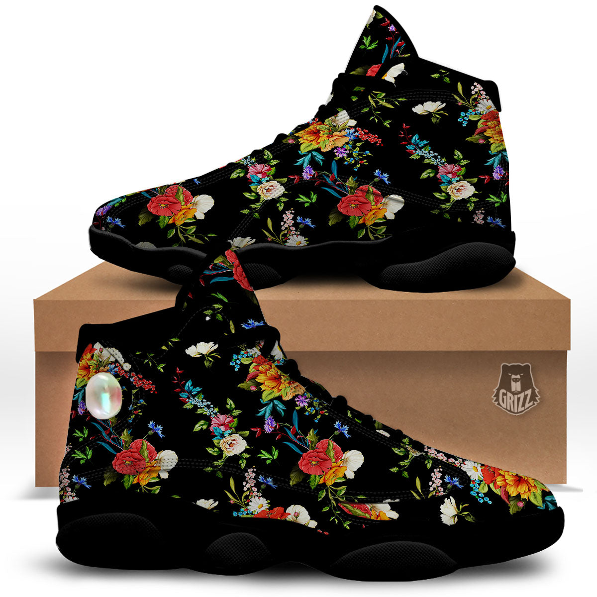 Chamomile And Poppy Print Pattern Black Basketball Shoes-grizzshop