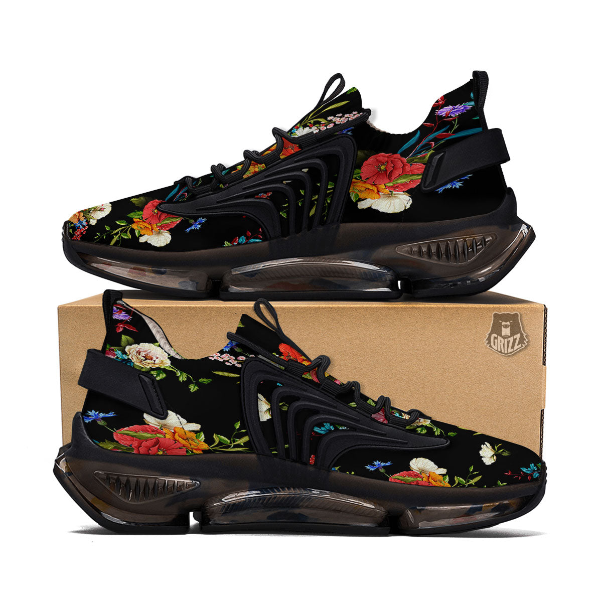 Chamomile And Poppy Print Pattern Black Gym Shoes-grizzshop