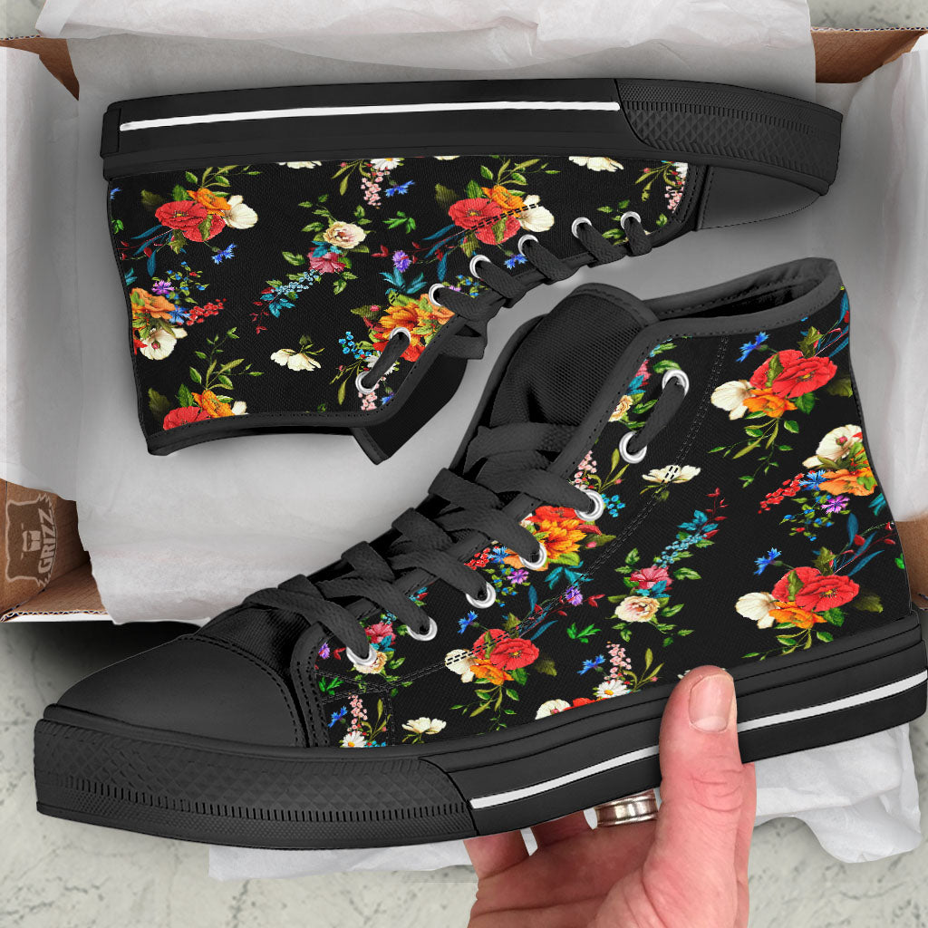 Chamomile And Poppy Print Pattern Black High Top Shoes-grizzshop