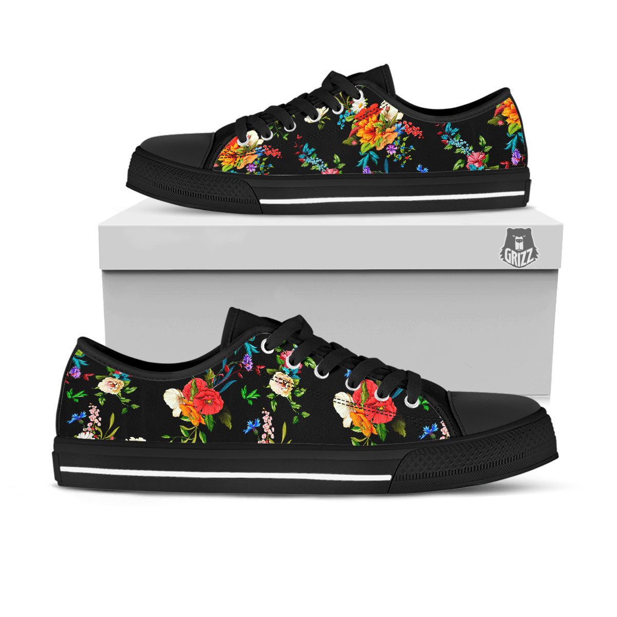 Chamomile And Poppy Print Pattern Black Low Top Shoes-grizzshop