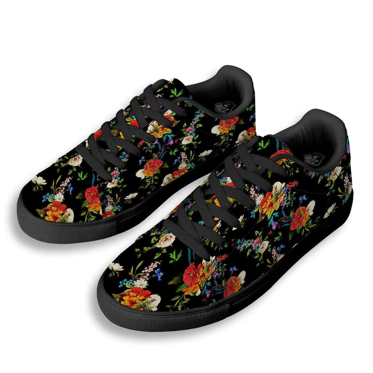 Chamomile And Poppy Print Pattern Black Low Top Sneakers-grizzshop