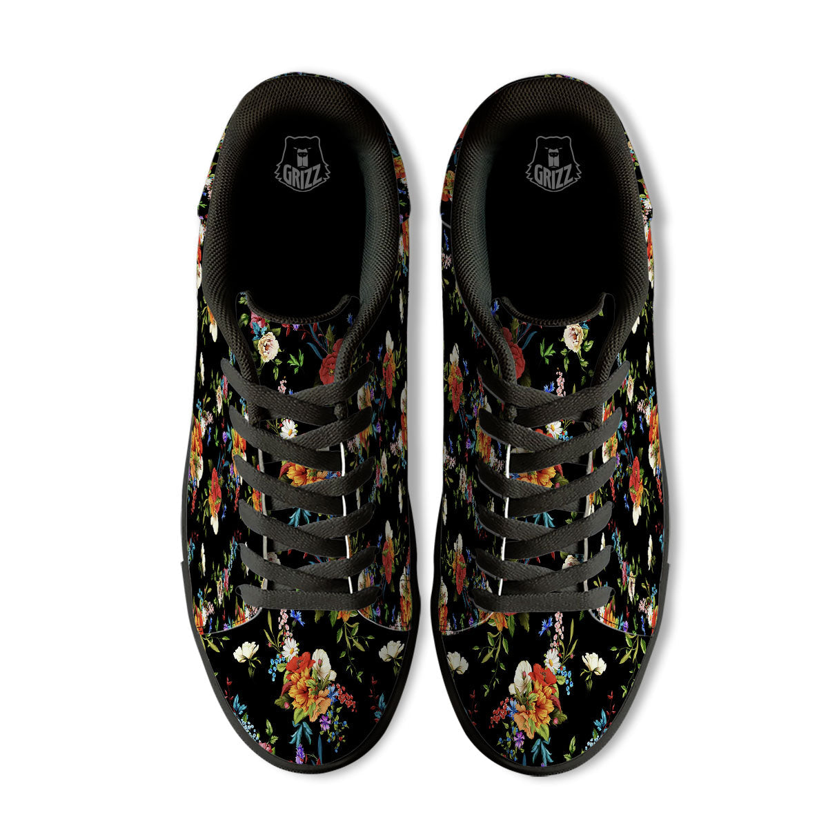 Chamomile And Poppy Print Pattern Black Low Top Sneakers-grizzshop