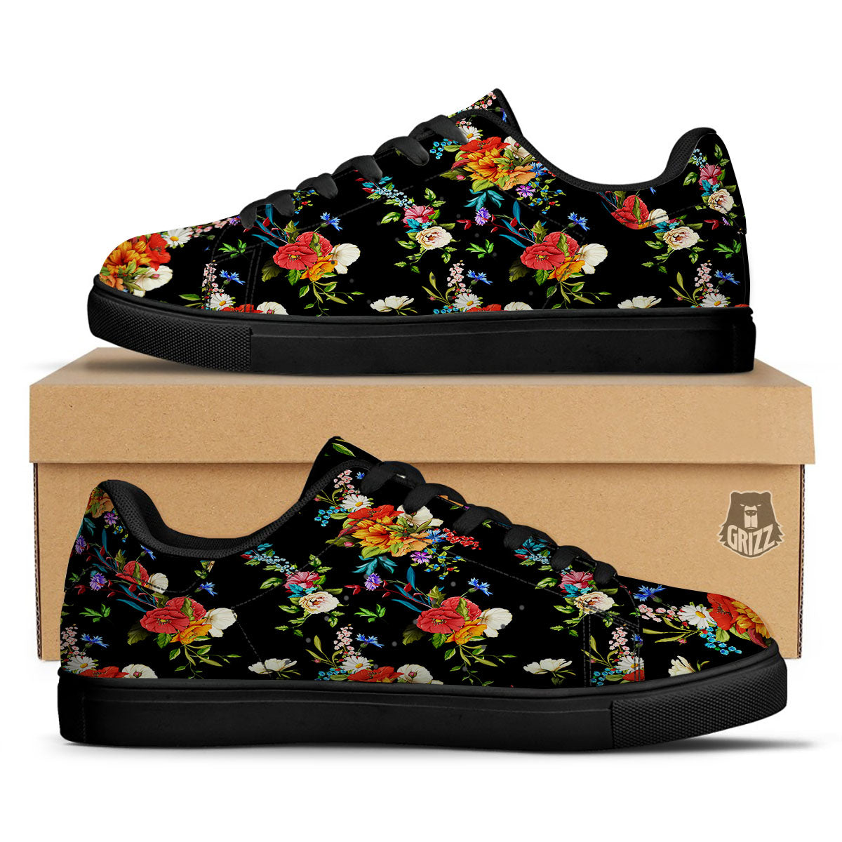 Chamomile And Poppy Print Pattern Black Low Top Sneakers-grizzshop